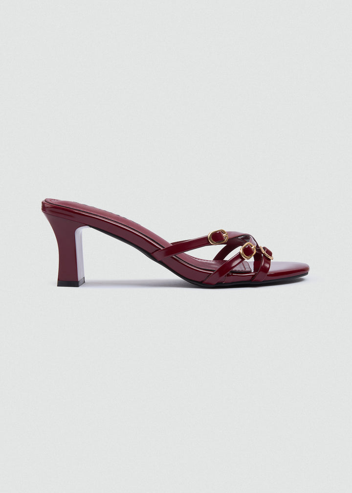 Strappy Mule Heels Gold Buckle - Maroon