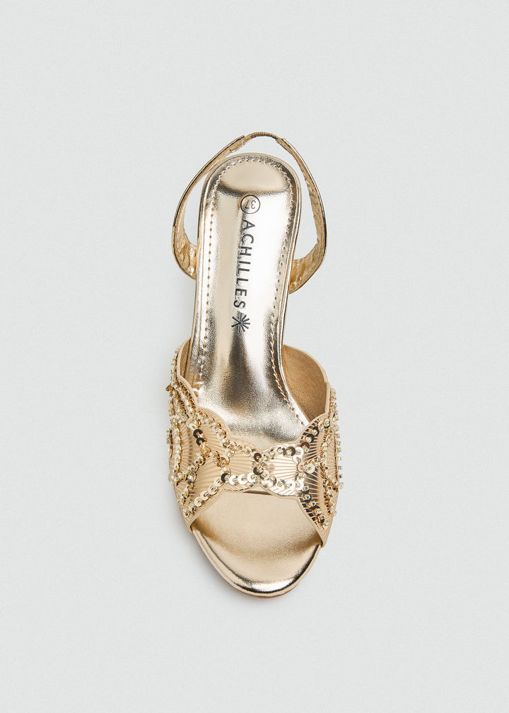Beaded Lattice Slip-On Heeled Sandals - Gold