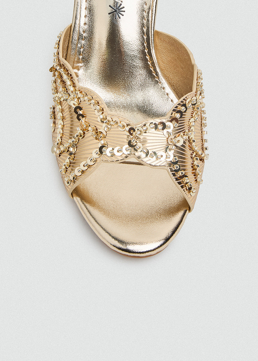 Beaded Lattice Slip-On Heeled Sandals - Gold