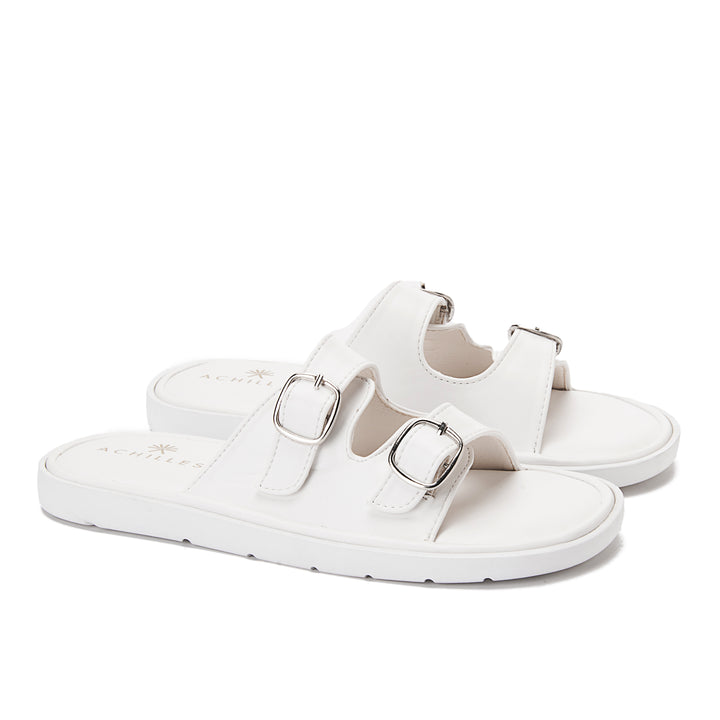 Achilles Women's Double Buckle Flat Slippers - White