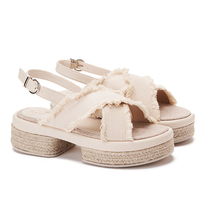 Criss Cross Burlap Wedge Sandals - Beige