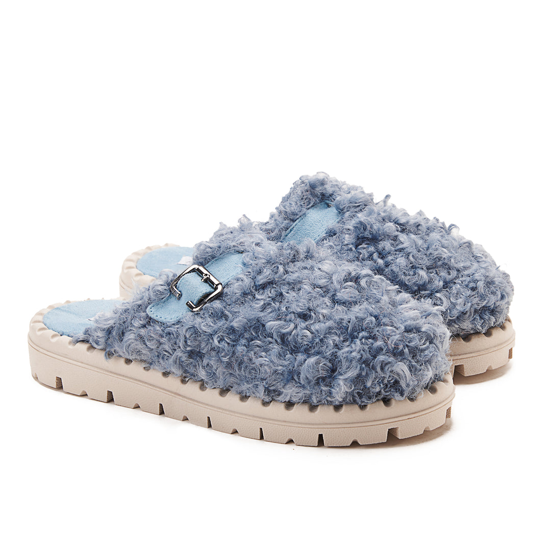 Faux Fur Womens Clogs With Buckles - Blue