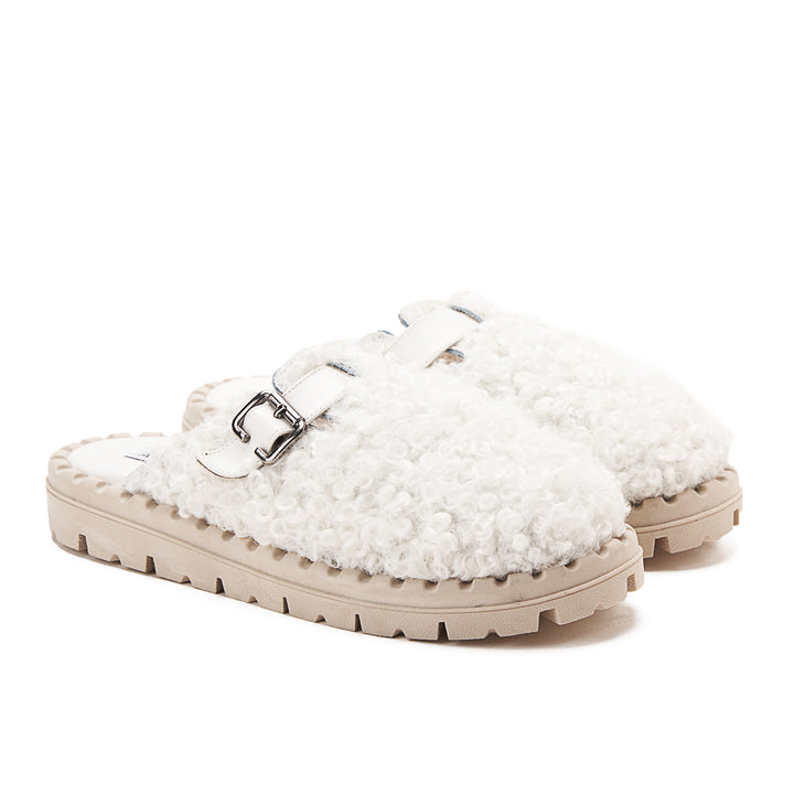 Faux Fur Womens Clogs With Buckles - White