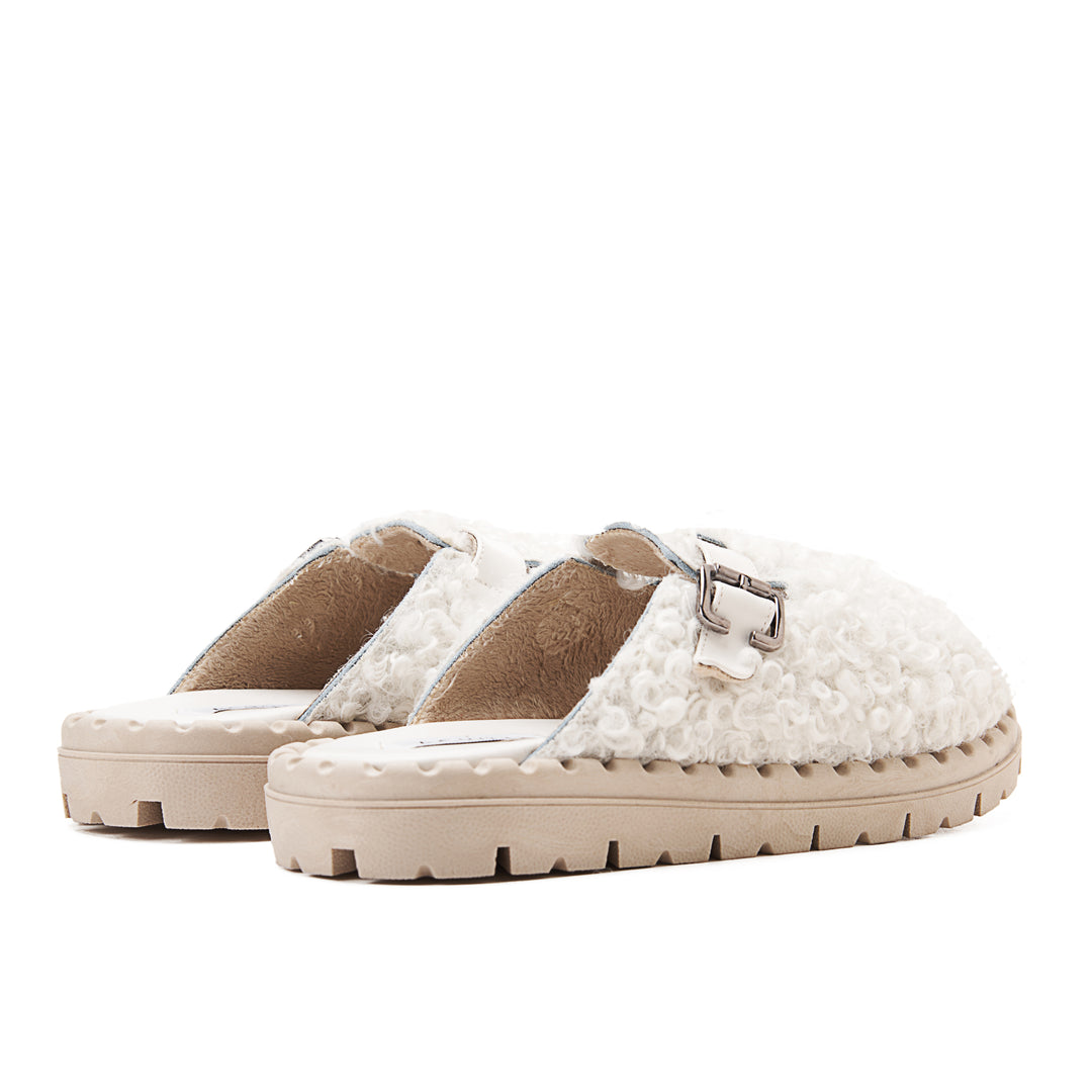 Faux Fur Womens Clogs With Buckles - White