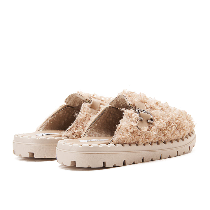 Faux Fur Womens Clogs With Buckles - Beige