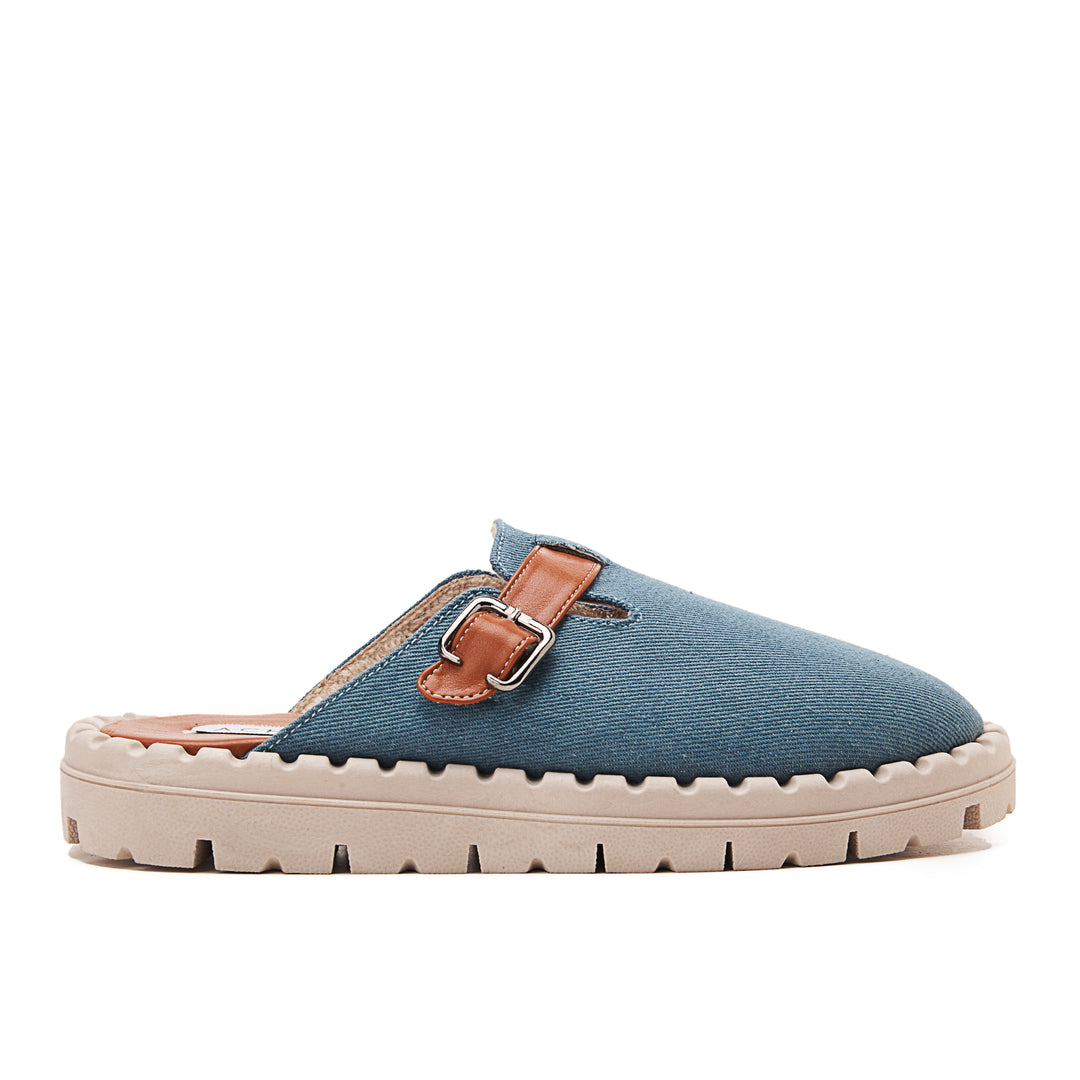 Womens Faux Denim Fabric With Buckle Clogs - Blue