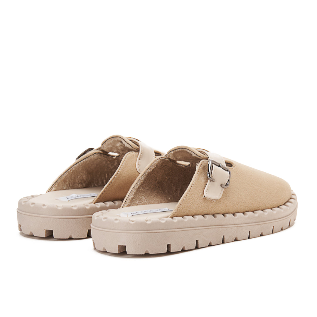 Womens Faux Suede With Buckle Clogs - Beige