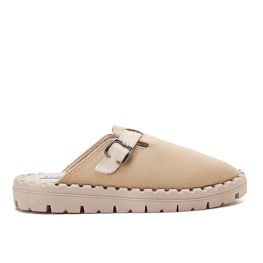 Womens Faux Suede With Buckle Clogs - Beige