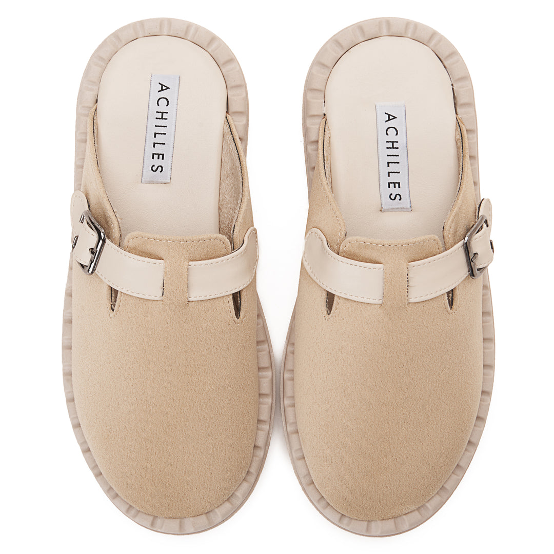 Womens Faux Suede With Buckle Clogs - Beige