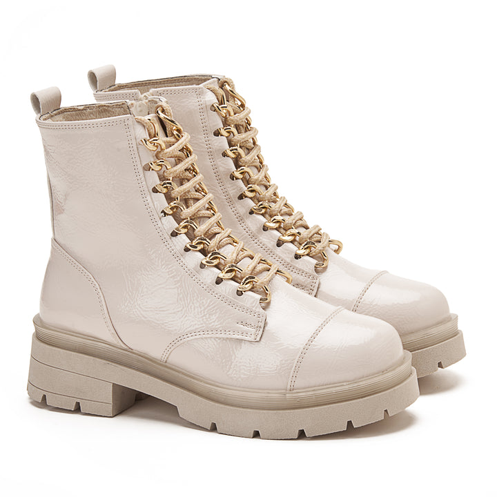 Womens Shiny Chunky Lace Up Boots With Golden Accessory - Beige