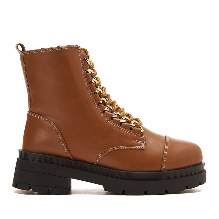 Womens Chunky Lace Up Boots With Golden Accessory - Havana