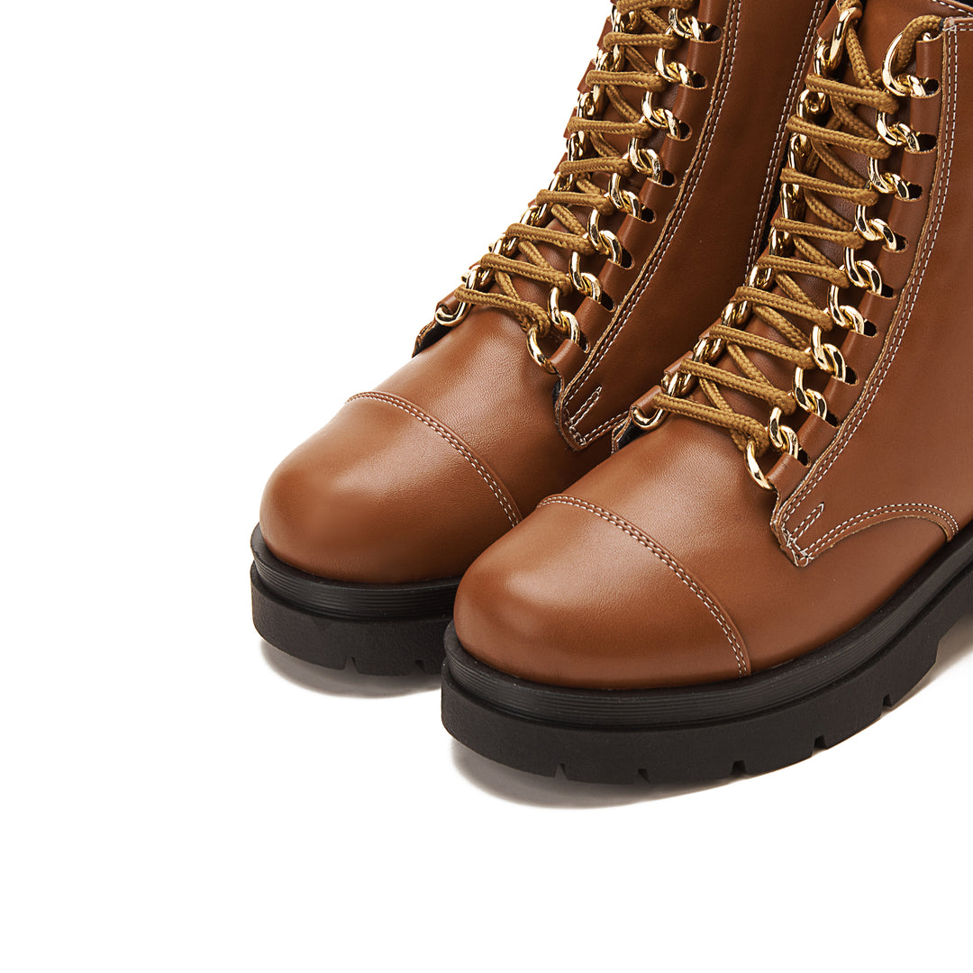 Womens Chunky Lace Up Boots With Golden Accessory - Havana