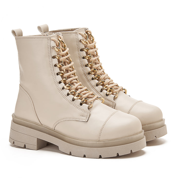 Womens Chunky Lace Up Boots With Golden Accessory - Beige