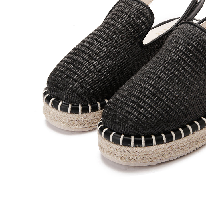 Covered Burlap Wedge Sandals - Black