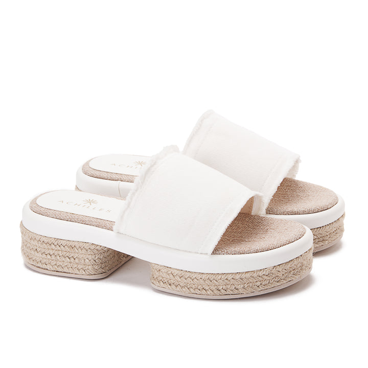 Wide Burlap Wedge Sandals - White