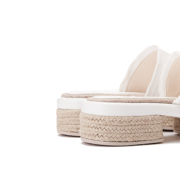 Wide Burlap Wedge Sandals - White