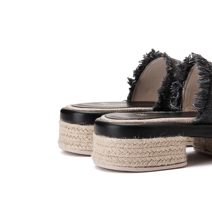 Wide Burlap Wedge Sandals - Black