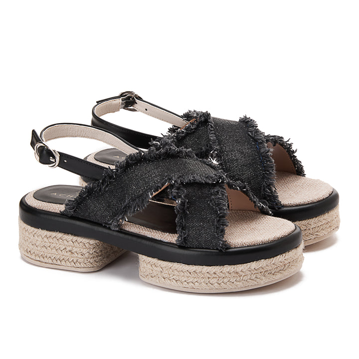 Criss Cross Burlap Wedge Sandals - Black