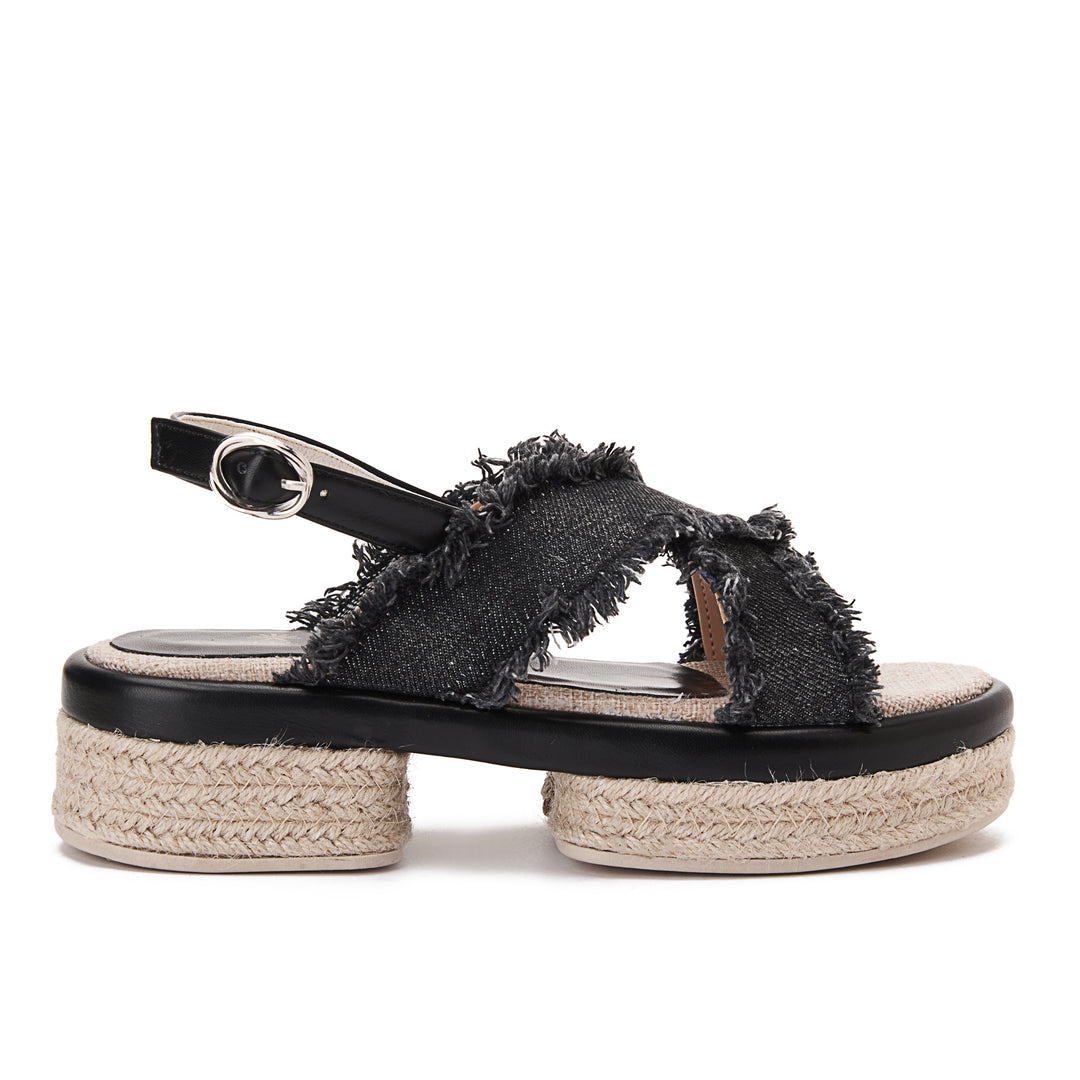 Criss Cross Burlap Wedge Sandals - Black