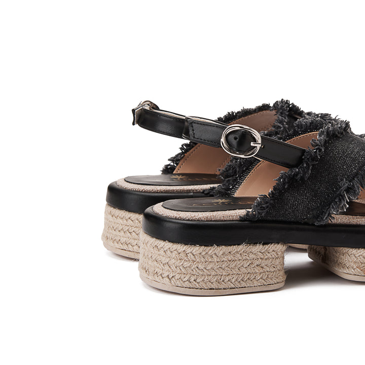 Criss Cross Burlap Wedge Sandals - Black