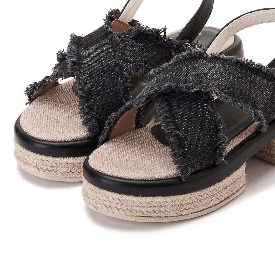 Criss Cross Burlap Wedge Sandals - Black