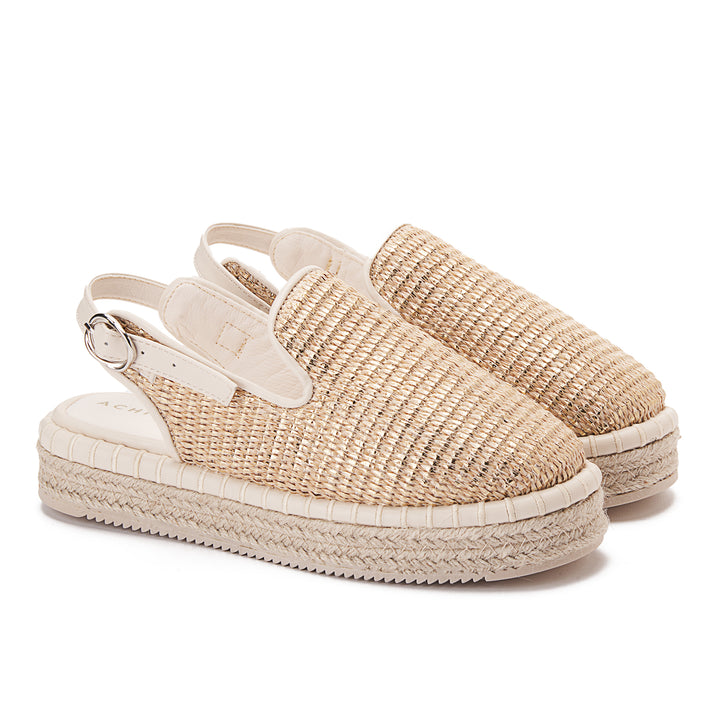 Covered Burlap Wedge Sandals - Beige