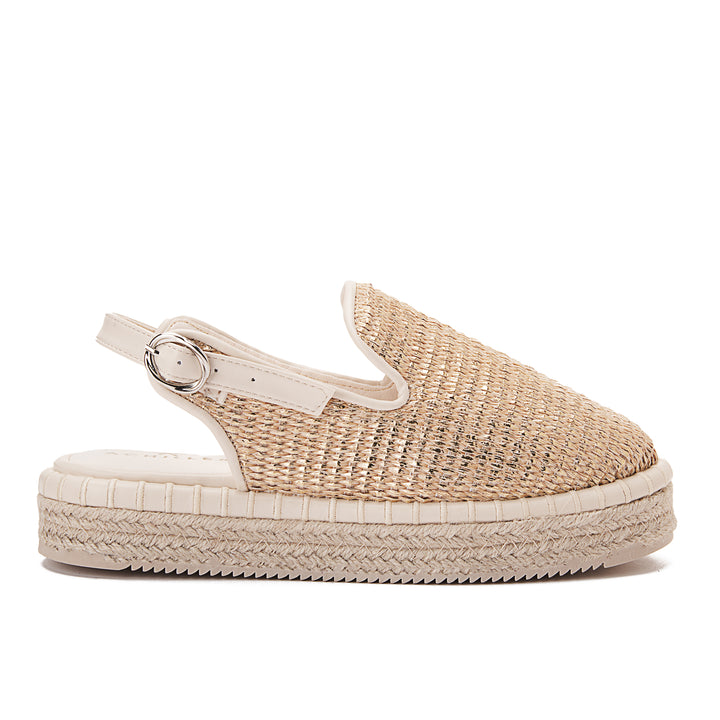 Covered Burlap Wedge Sandals - Beige