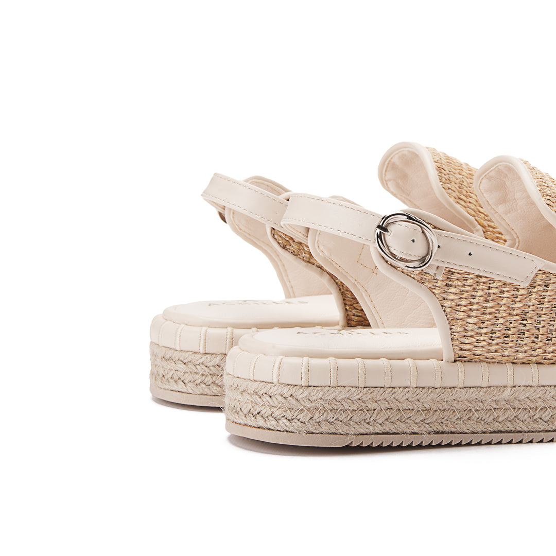 Covered Burlap Wedge Sandals - Beige