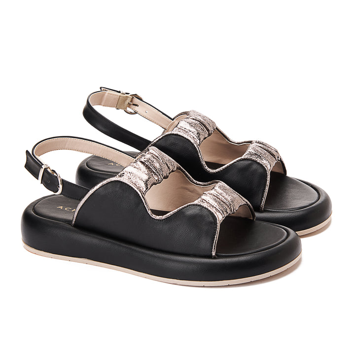 Comfy Footbed Double Strap Shiny Sandals - Black
