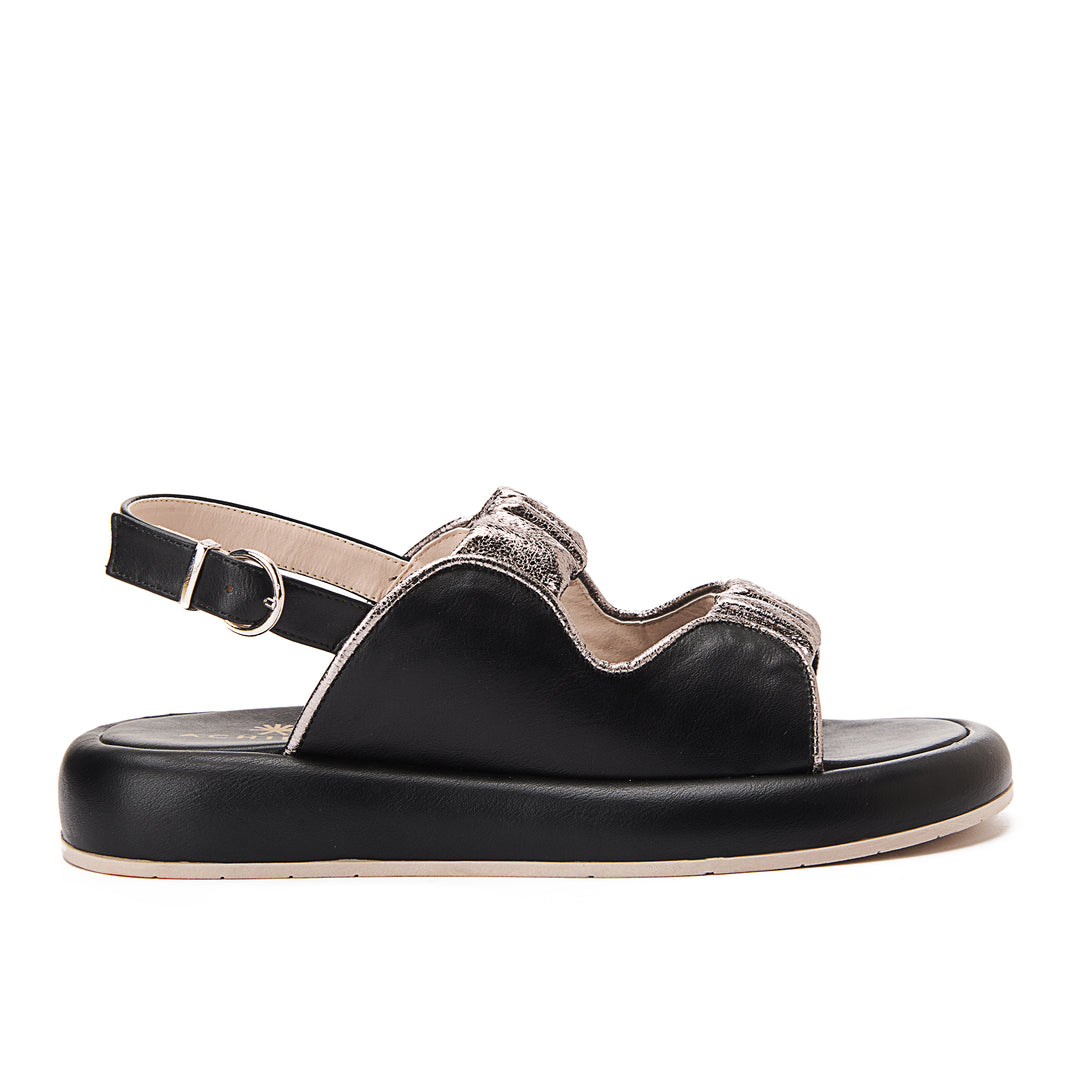 Comfy Footbed Double Strap Shiny Sandals - Black
