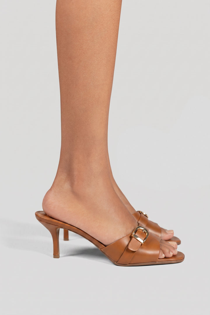 Wide-Band Buckle Slip-On Mules - Brown