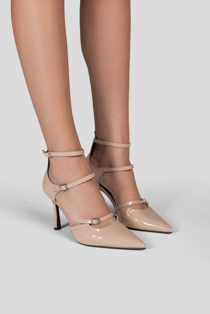 Triple-Strap Pointed Patent Pumps - Beige