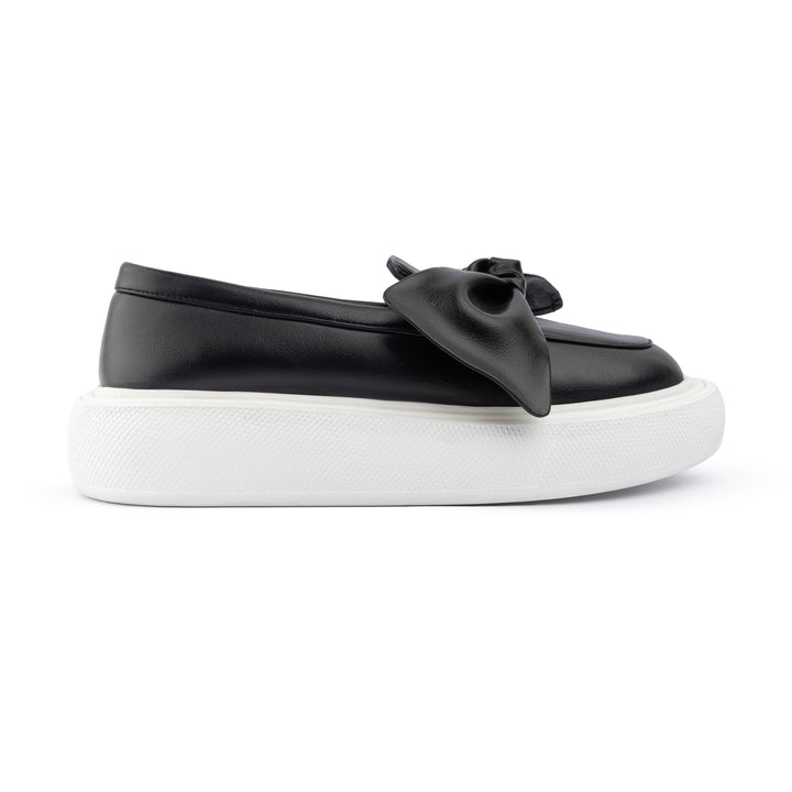 Bow Tie Leather Slip On Sneaker Loafers - Black