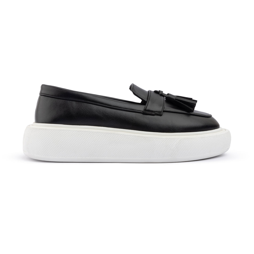 Tassel Leather Slip On Sneaker Loafers - Black