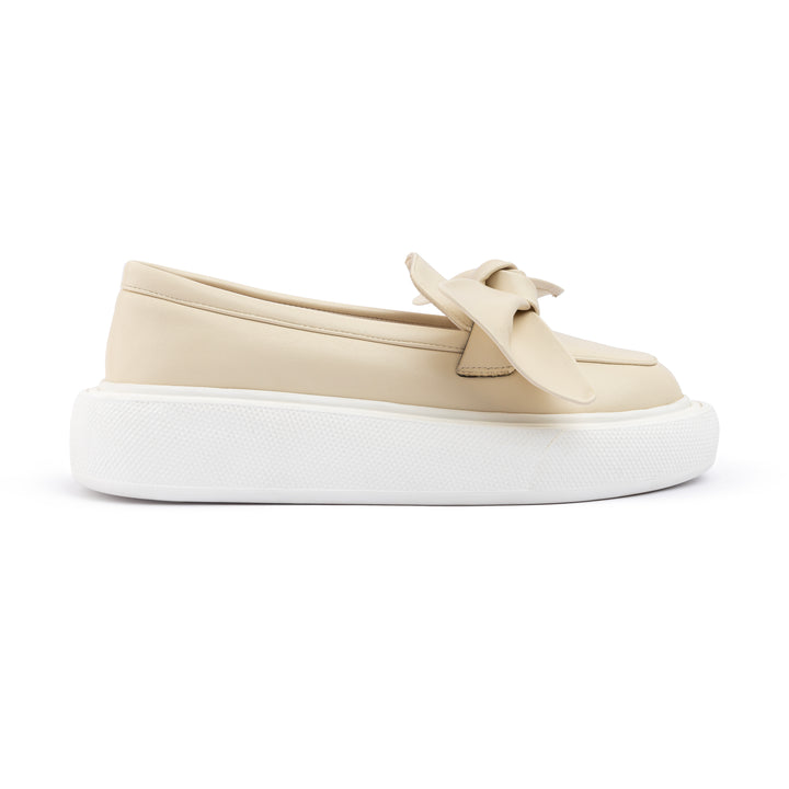 Bow Tie Leather Slip On Sneaker Loafers - Beige