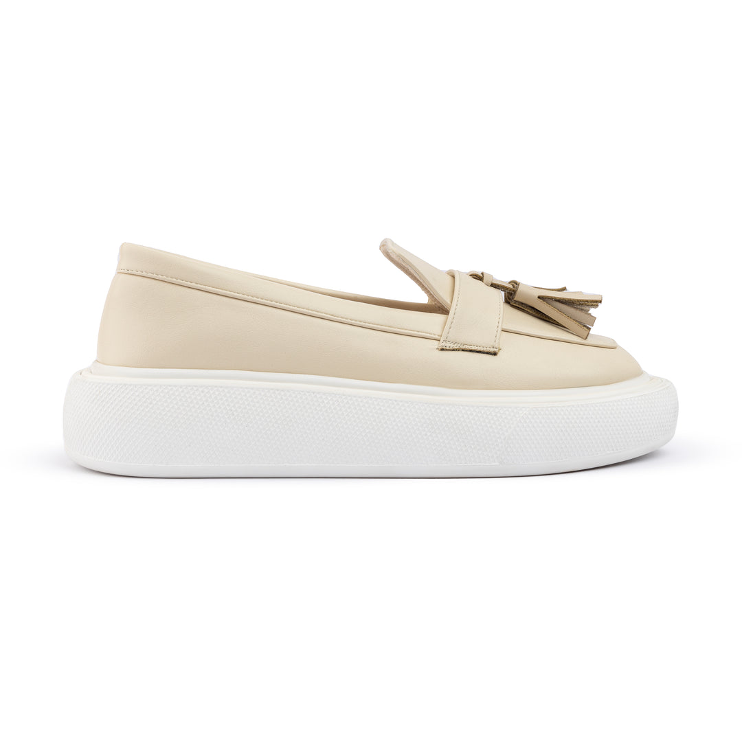 Tassel Leather Slip On Sneaker Loafers - Beige