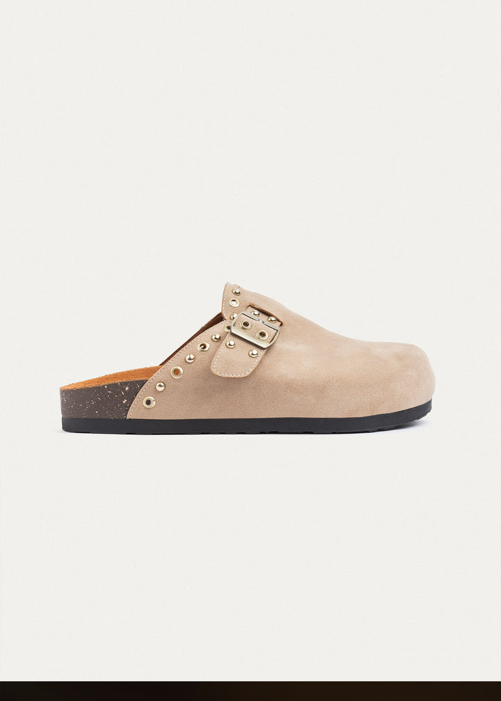 Studded Buckle Clogs | Beige