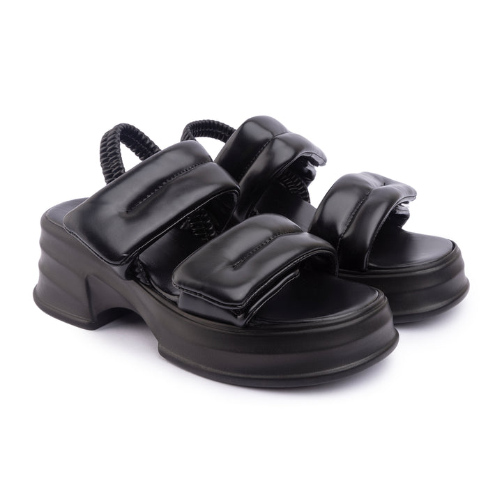 Veneitte 2.0 | Double Hook & Loop Strap Wedge Sandals - Black