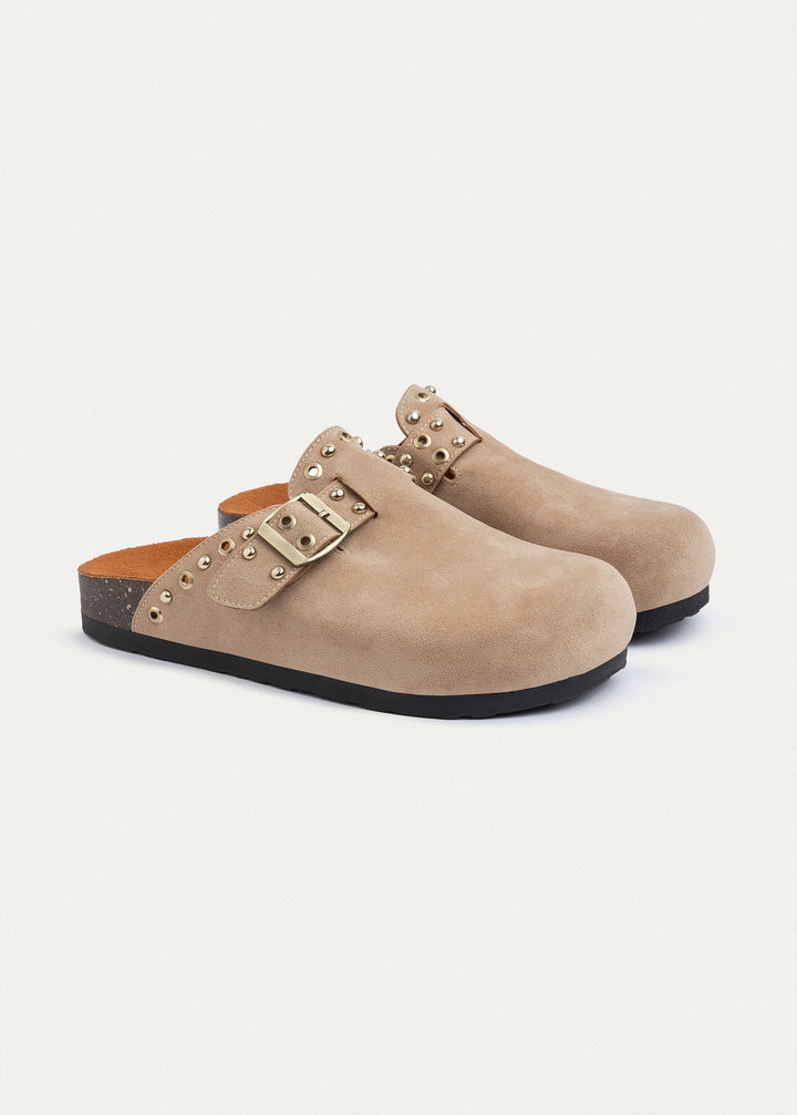 Studded Buckle Clogs | Beige