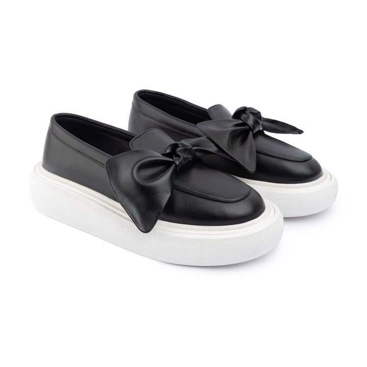 Bow Tie Leather Slip On Sneaker Loafers - Black