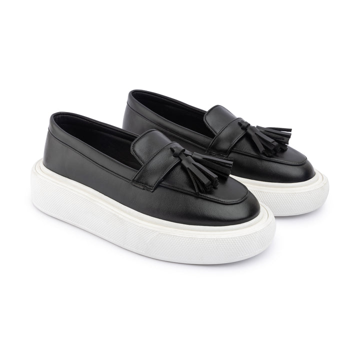 Tassel Leather Slip On Sneaker Loafers - Black