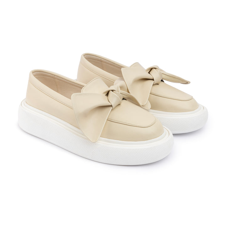 Bow Tie Leather Slip On Sneaker Loafers - Beige