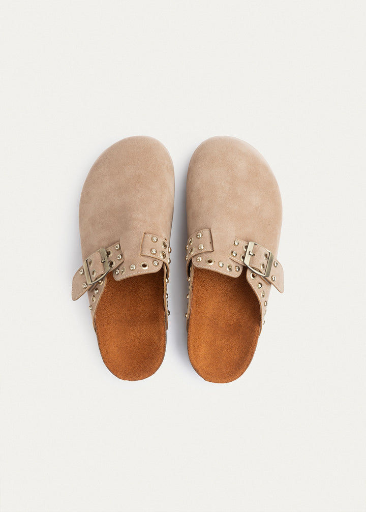 Studded Buckle Clogs | Beige