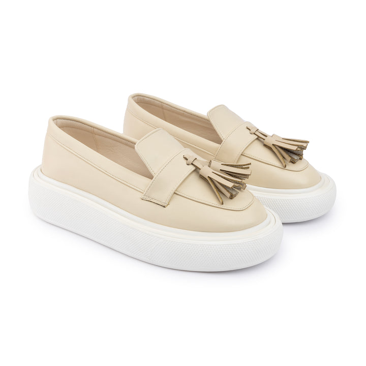 Tassel Leather Slip On Sneaker Loafers - Beige