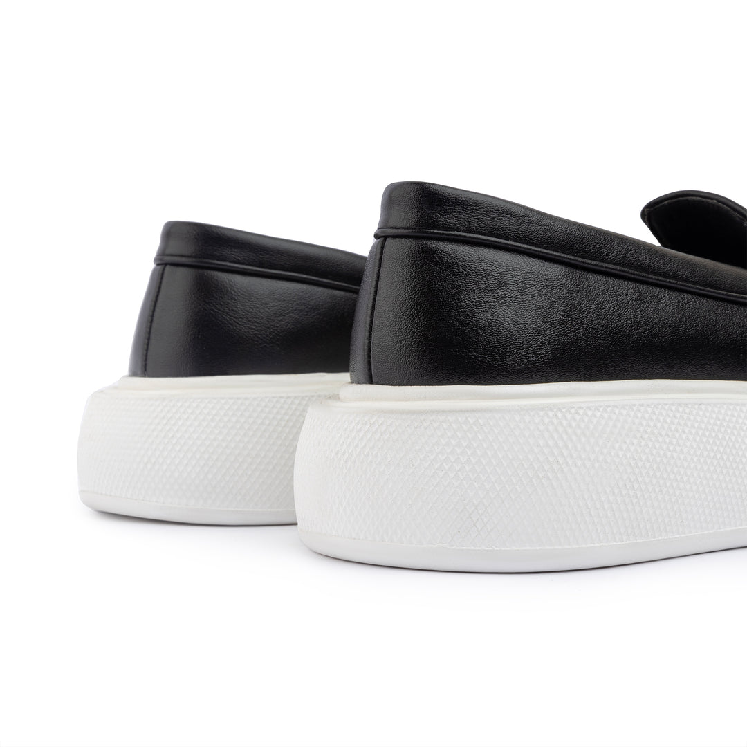 Tassel Leather Slip On Sneaker Loafers - Black