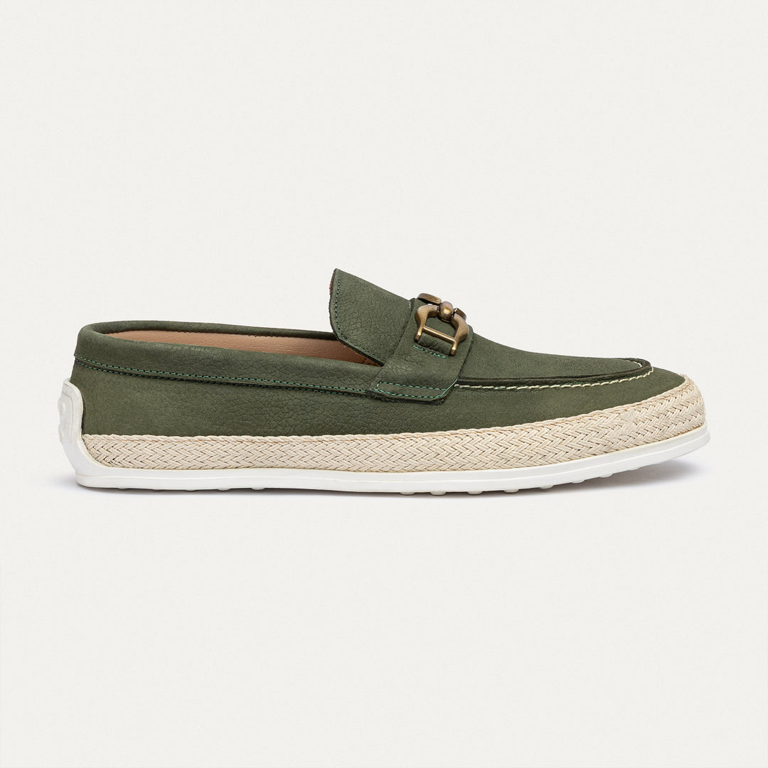 Achilles | Vigo Loafers – Textured Leather Slip-On with Chain Accent -Olive