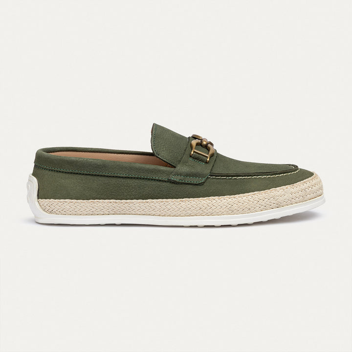 Achilles | Vigo Loafers – Textured Leather Slip-On with Chain Accent -Olive
