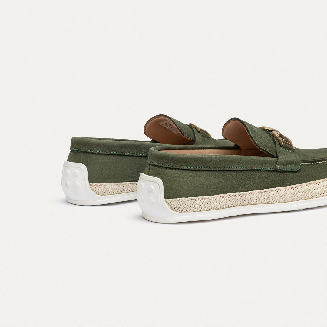 Achilles | Vigo Loafers – Textured Leather Slip-On with Chain Accent -Olive