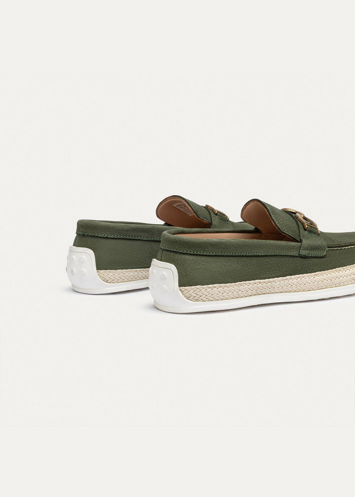 Achilles | Vigo Loafers â€“ Textured Leather Slip-On with Chain Accent -Olive