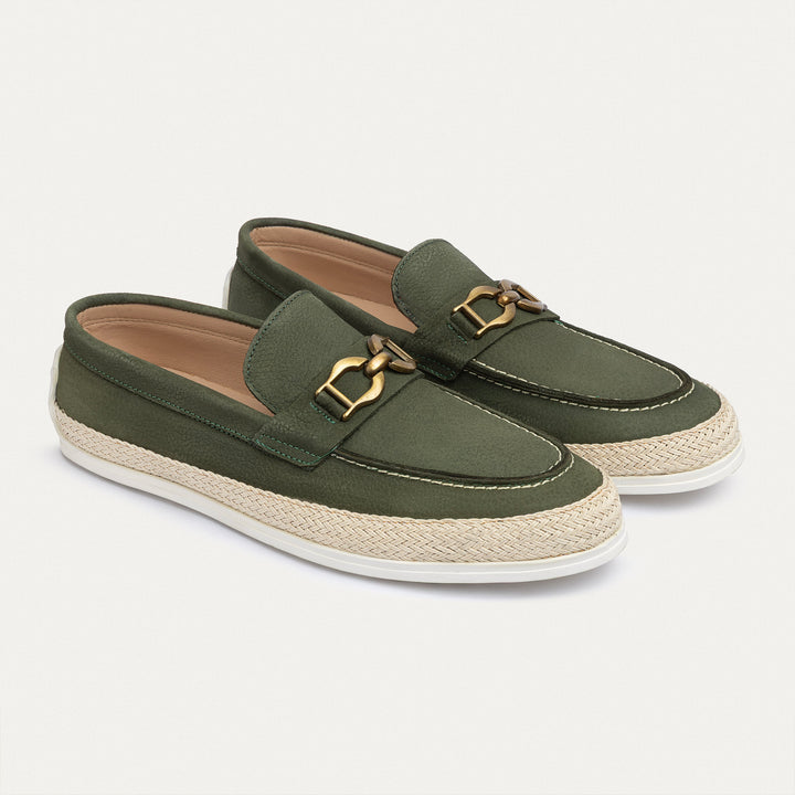 Achilles | Vigo Loafers – Textured Leather Slip-On with Chain Accent -Olive
